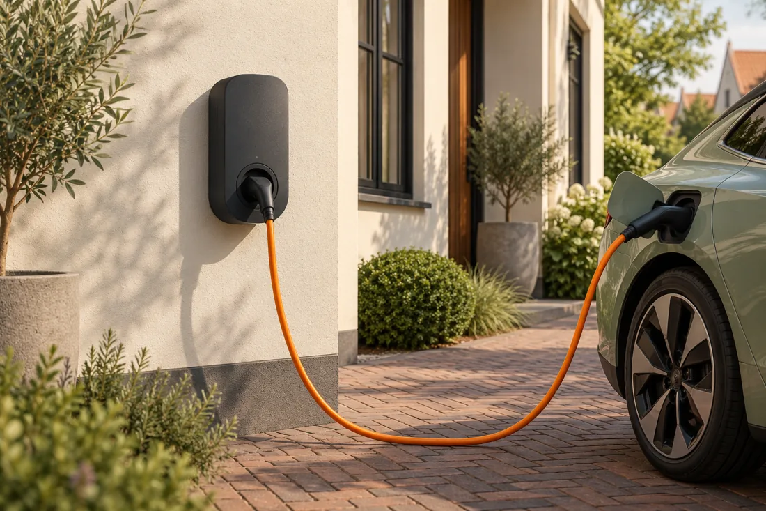 Gegenereerde illustratie van een laadpaal met elektrische auto bij een woning