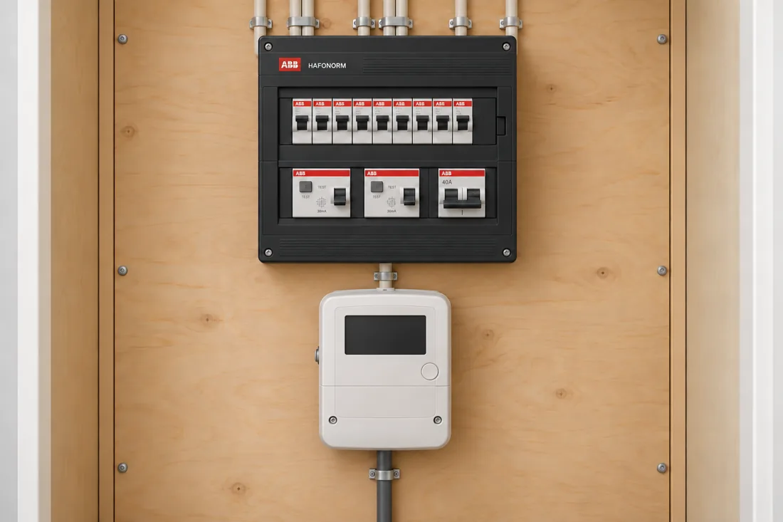 Gegenereerde illustratie van een ABB-HAF-groepenkast boven de elektrameter in een meterkast